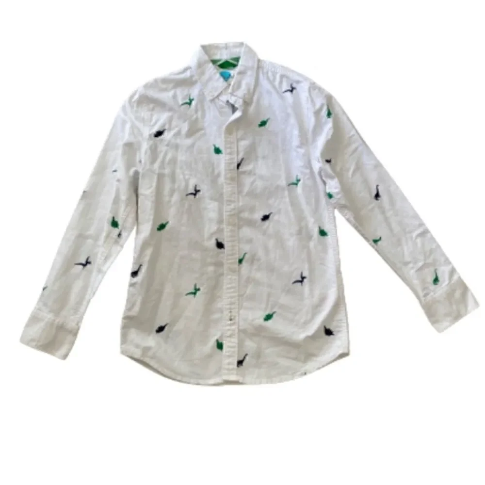 Mini Boden White Button Down Embroidered Dinosaur Shirt